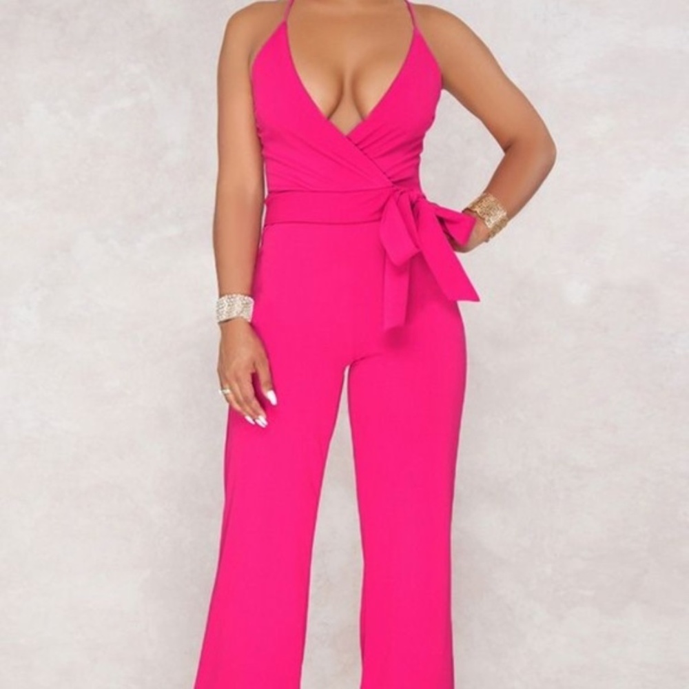 GIBIU Fuchsia Plunging Sleeveless Wrap Jumpsuit